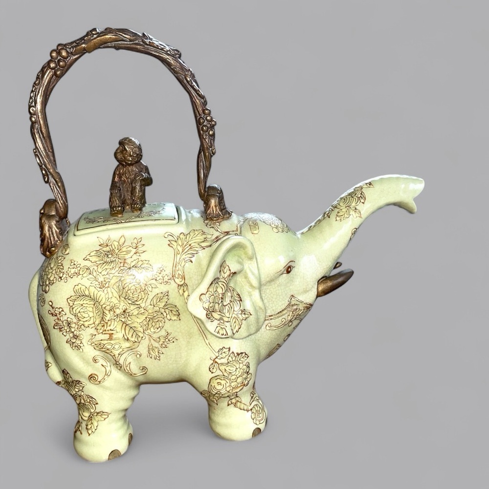 Antique Asian elephant, teapot with monkey, ceramic, bronze handle and monkey